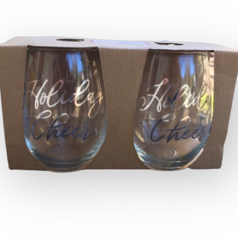 Set of 2 Stemless Wine Glasses with Holiday Cheer Monogrammed in Silver / NWT
